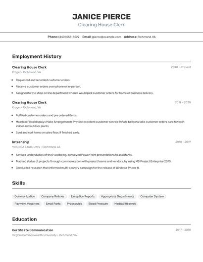 Clearing House Clerk Resume