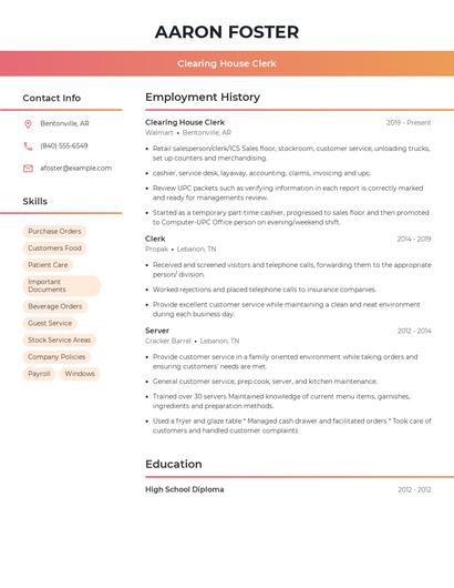 Clearing House Clerk Resume