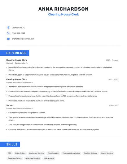 Clearing House Clerk Resume