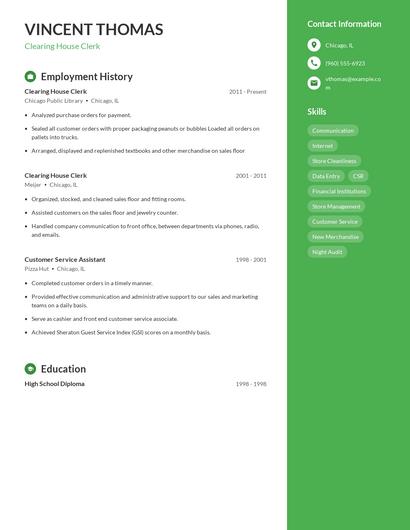 Clearing House Clerk Resume