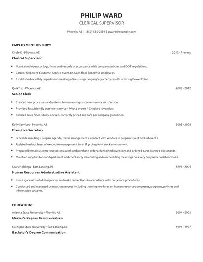 Clerical Supervisor Resume