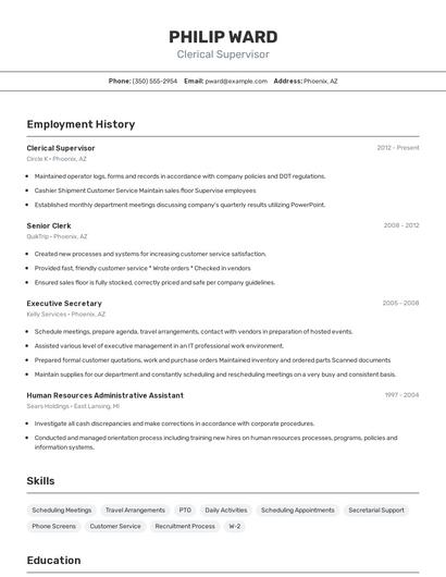 Clerical Supervisor Resume