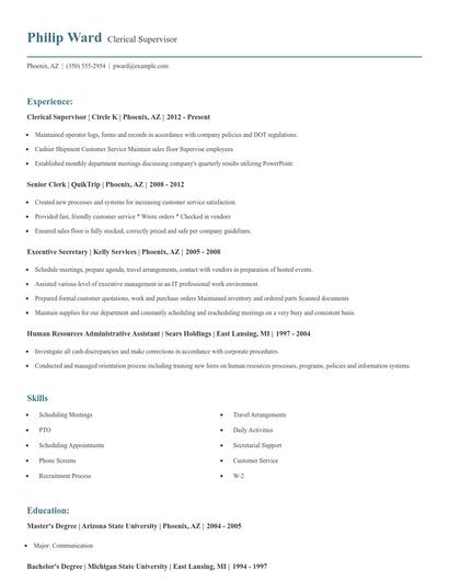Clerical Supervisor Resume
