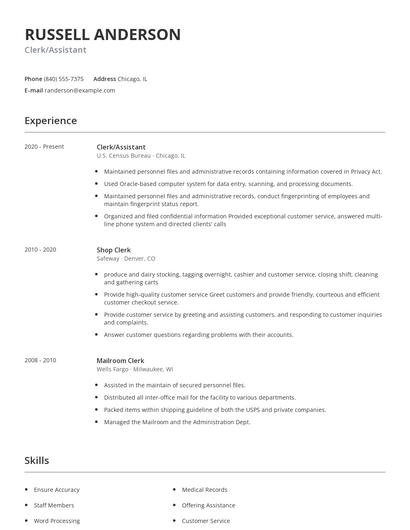 Clerk/Assistant Resume
