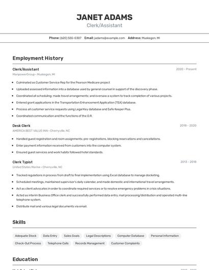 Clerk/Assistant Resume