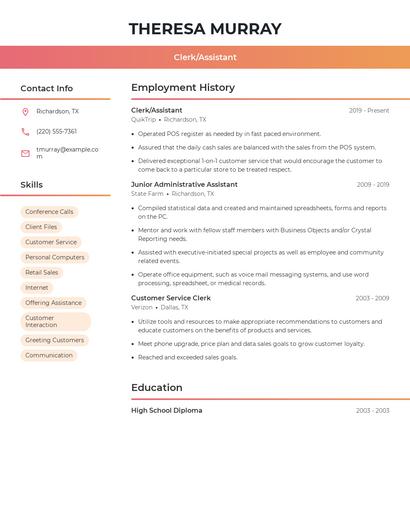 Clerk/Assistant Resume