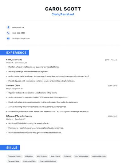 Clerk/Assistant Resume