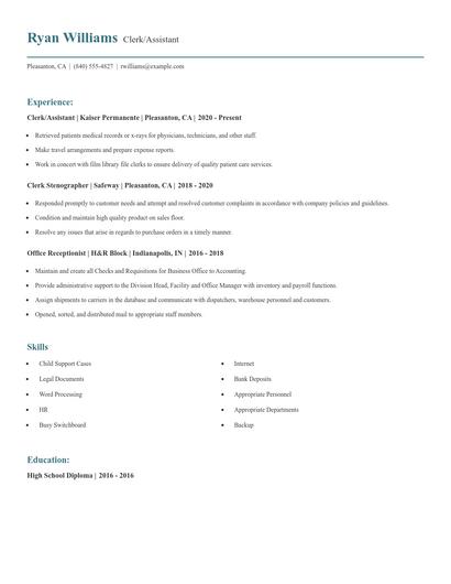 Clerk/Assistant Resume