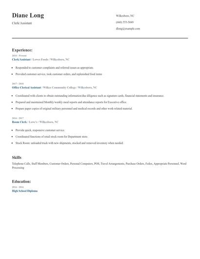 Clerk/Assistant Resume