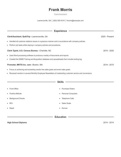Clerk/Assistant Resume