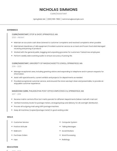 Clerk/Assistant Resume