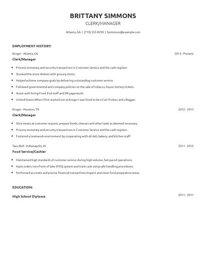Clerk/Manager Resume