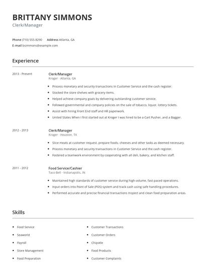 Clerk/Manager Resume