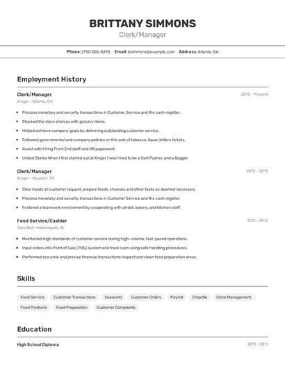 Clerk/Manager Resume