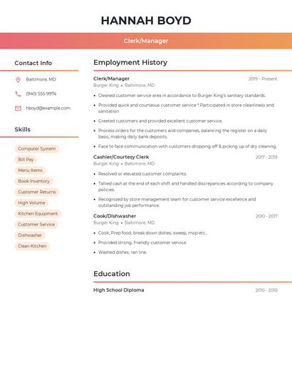 Clerk/Manager Resume