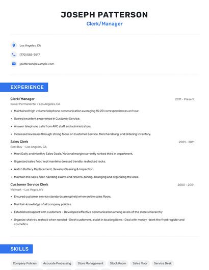 Clerk/Manager Resume