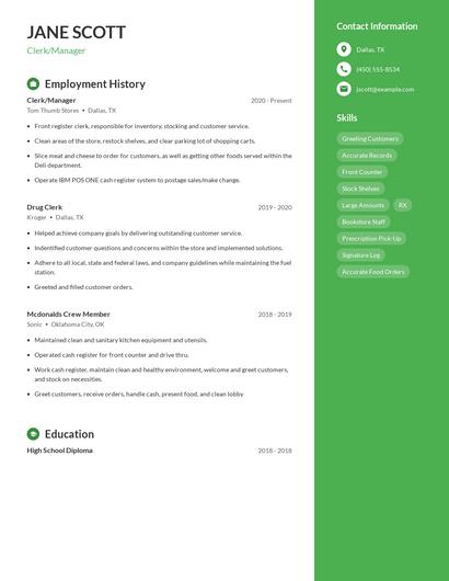 Clerk/Manager Resume