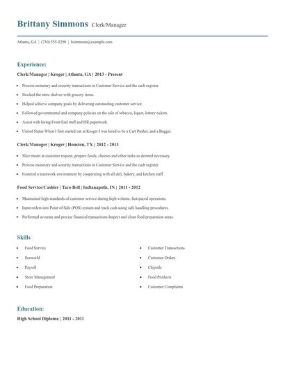 Clerk/Manager Resume