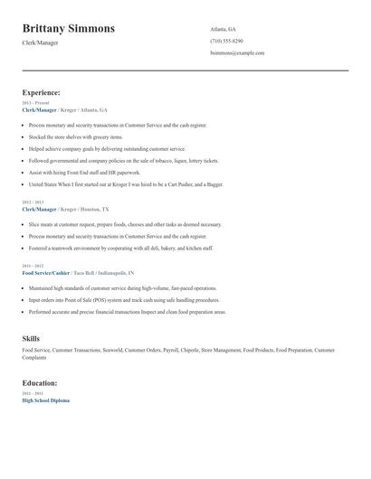 Clerk/Manager Resume