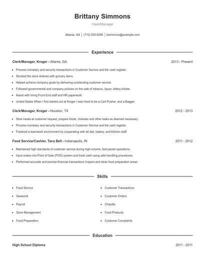 Clerk/Manager Resume