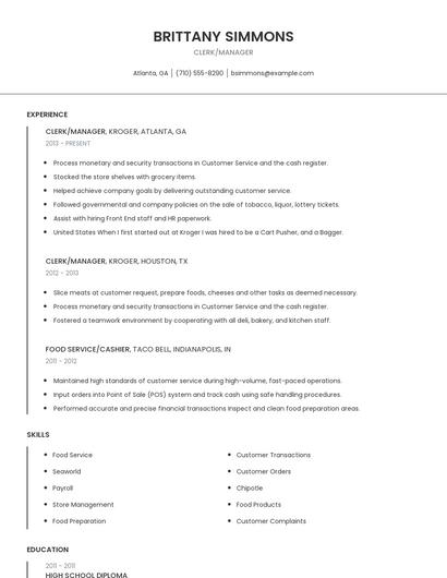 Clerk/Manager Resume