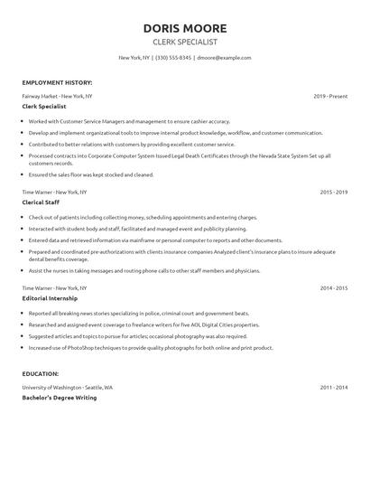 Clerk Specialist Resume