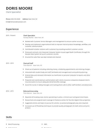 Clerk Specialist Resume
