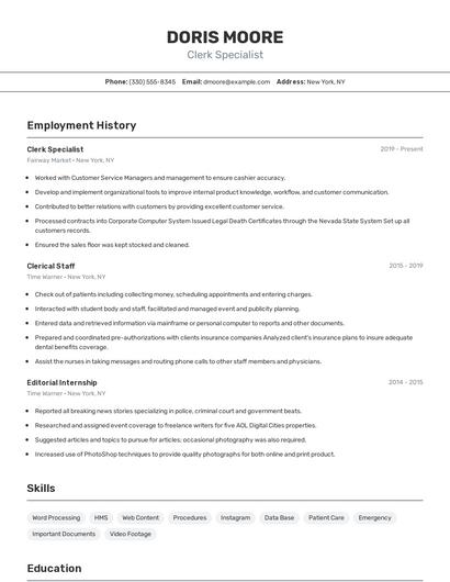 Clerk Specialist Resume
