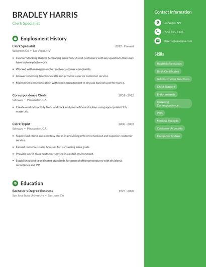 Clerk Specialist Resume