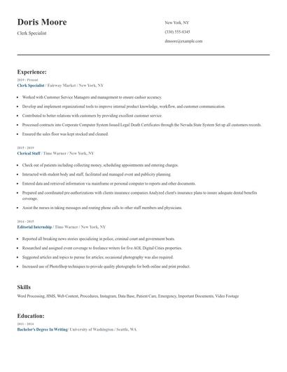 Clerk Specialist Resume