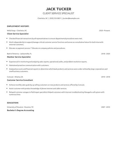 Client Service Specialist Resume