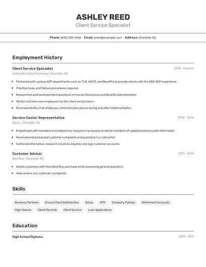 Client Service Specialist Resume