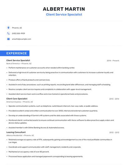 Client Service Specialist Resume