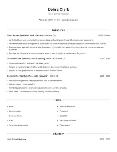 Client Service Specialist Resume