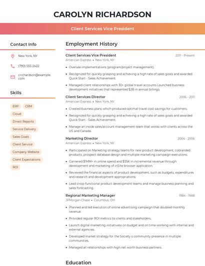 Client Services Vice President Resume