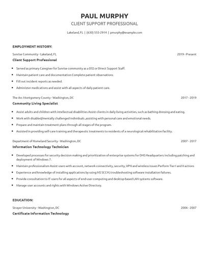 Client Support Professional Resume