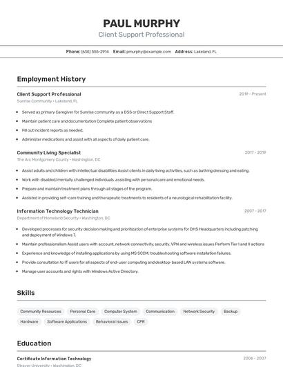 Client Support Professional Resume