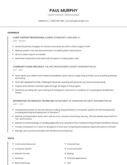 Client Support Professional Resume