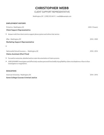 Client Support Representative Resume