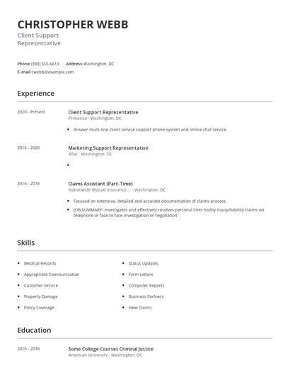 Client Support Representative Resume