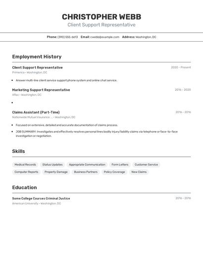 Client Support Representative Resume
