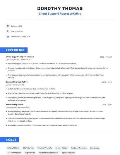 Client Support Representative Resume