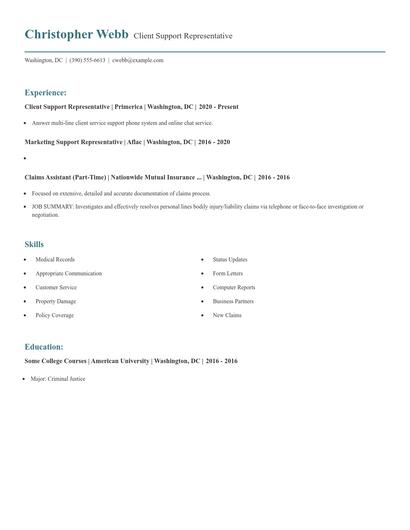 Client Support Representative Resume