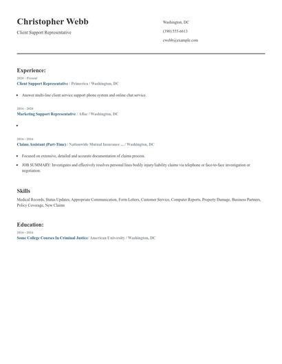 Client Support Representative Resume