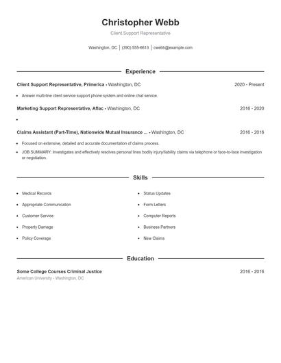Client Support Representative Resume