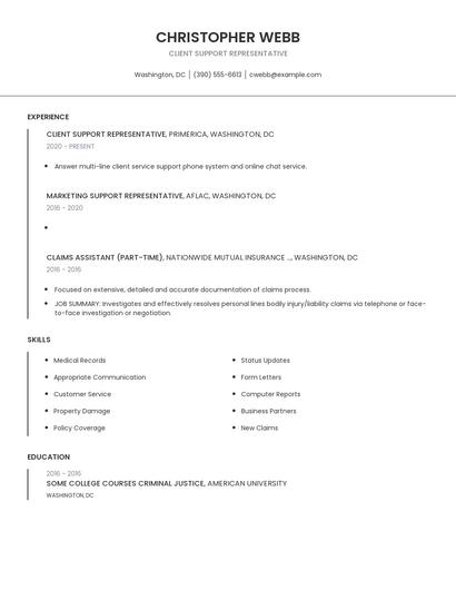 Client Support Representative Resume