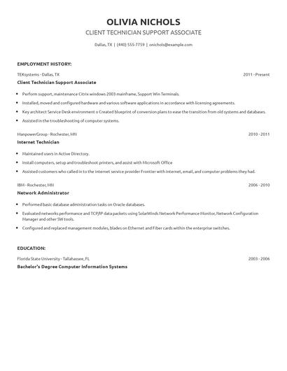 Client Technician Support Associate Resume