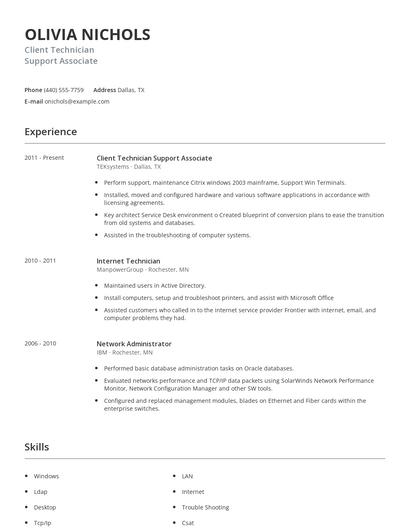 Client Technician Support Associate Resume