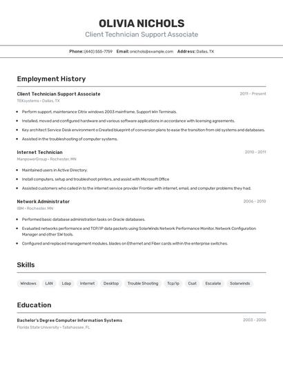 Client Technician Support Associate Resume