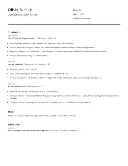 Client Technician Support Associate Resume